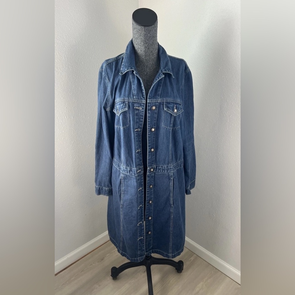 St. John's Bay Womens Blue Denim Jean Jacket Duster Long 18W Trench Coat Y2K
